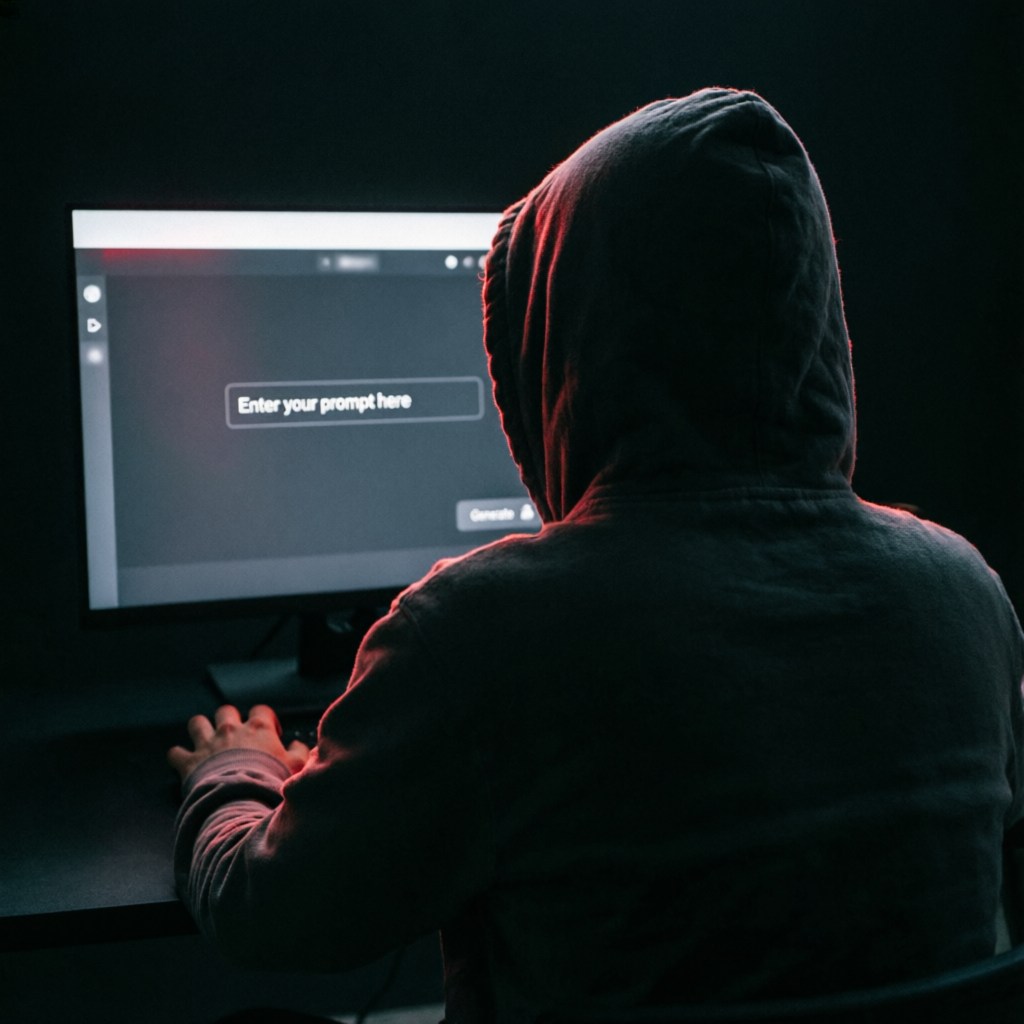 暗闇でAI生成インターフェースの画面を前に座り込む、フードを被った人物の後ろ姿