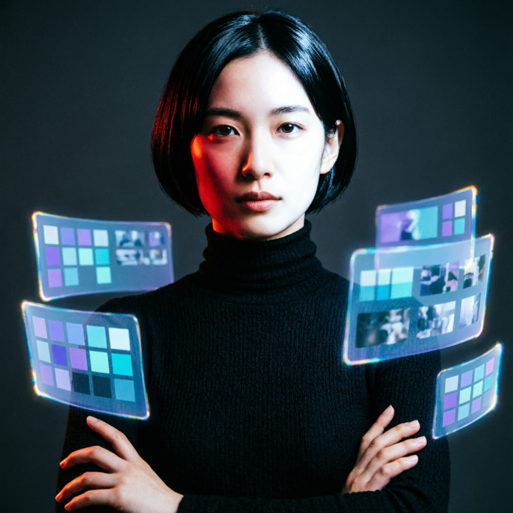 AIアートディレクターへと転身した、腕を組み立つ若い女性イラストレーター佐藤楓