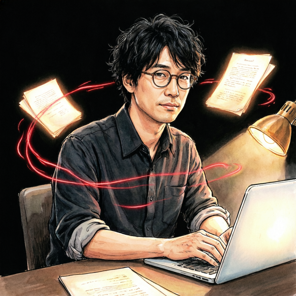 オウンドメディアの主宰者へと転身した、ノートPCに向かう眼鏡の男性ライター原田蓮